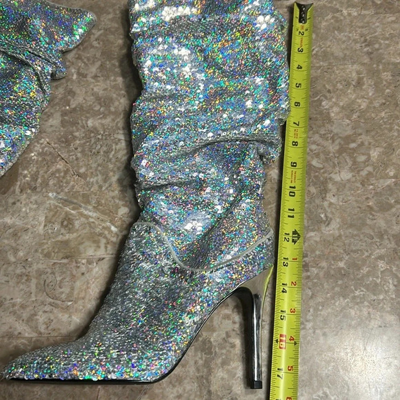 Glitter slouch high heel party boots!! Taylor Swift iridescent  sequin silver EC - Picture 13 of 15